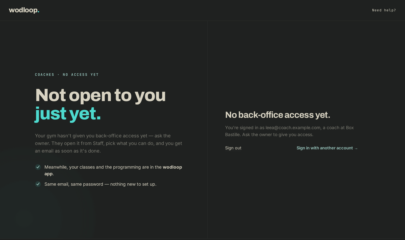 The page a coach sees before the gérant opens the back-office to them