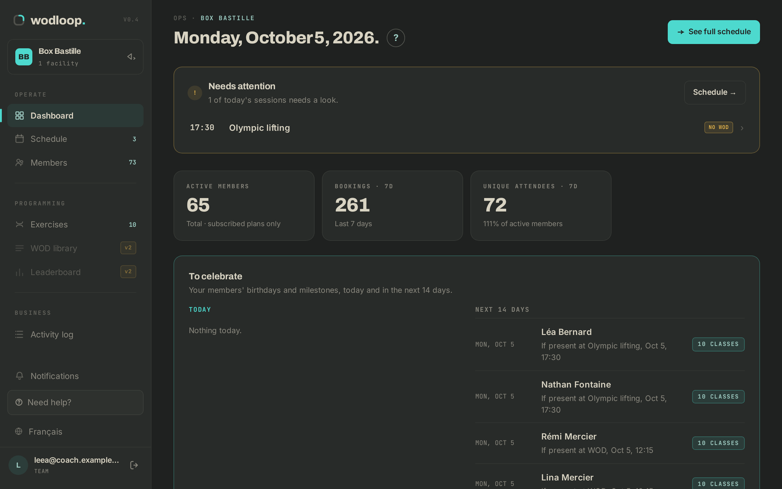 The dashboard with Coach access: a shorter menu, TEAM under your name