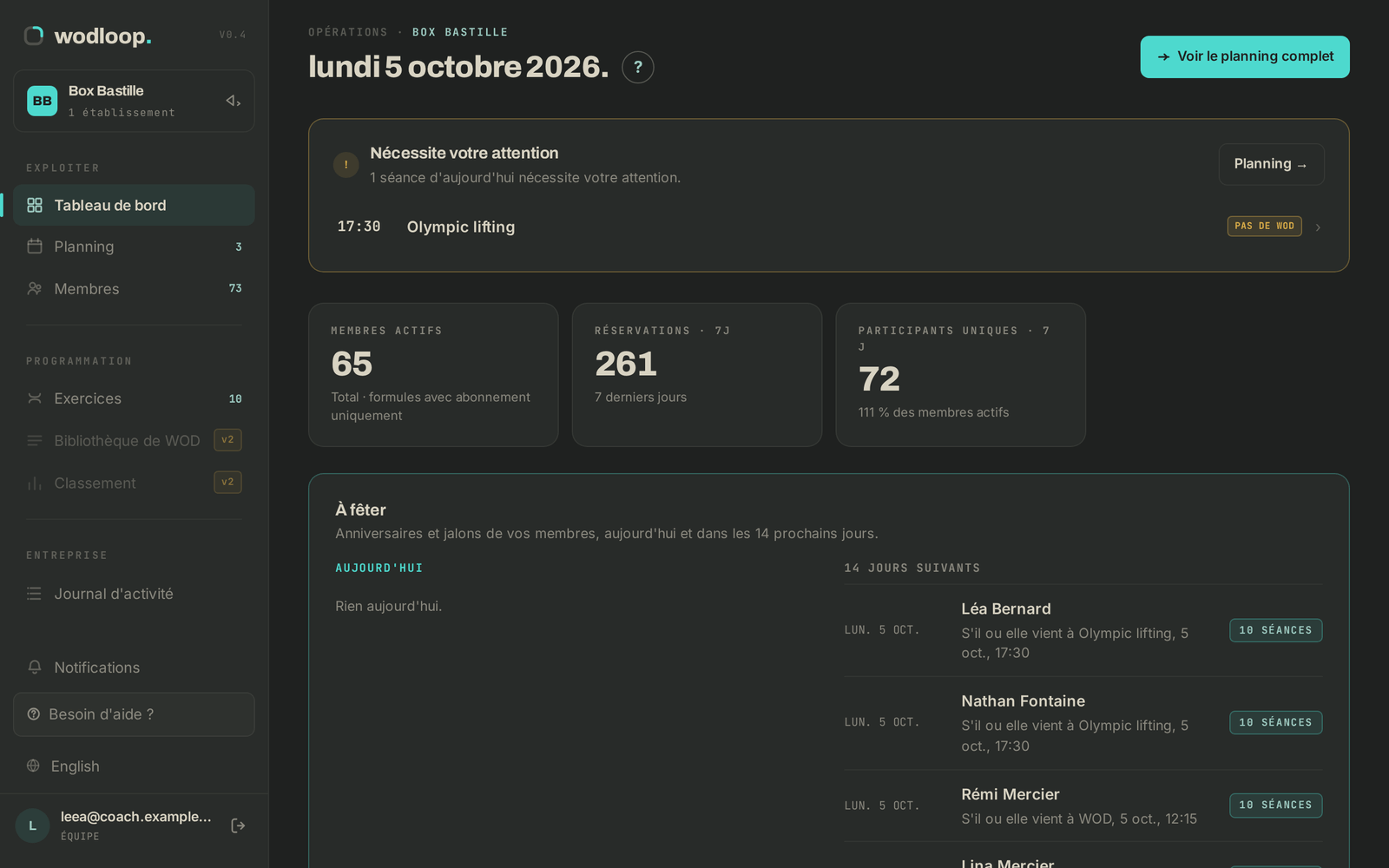 Le tableau de bord avec l'accès Coach : un menu réduit, ÉQUIPE sous votre nom