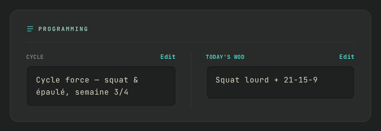A session's Programming block, with today's WOD