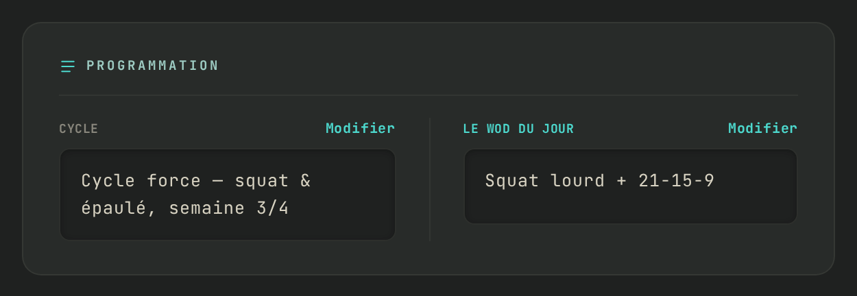 Le bloc Programmation d'une séance, avec le WOD du jour