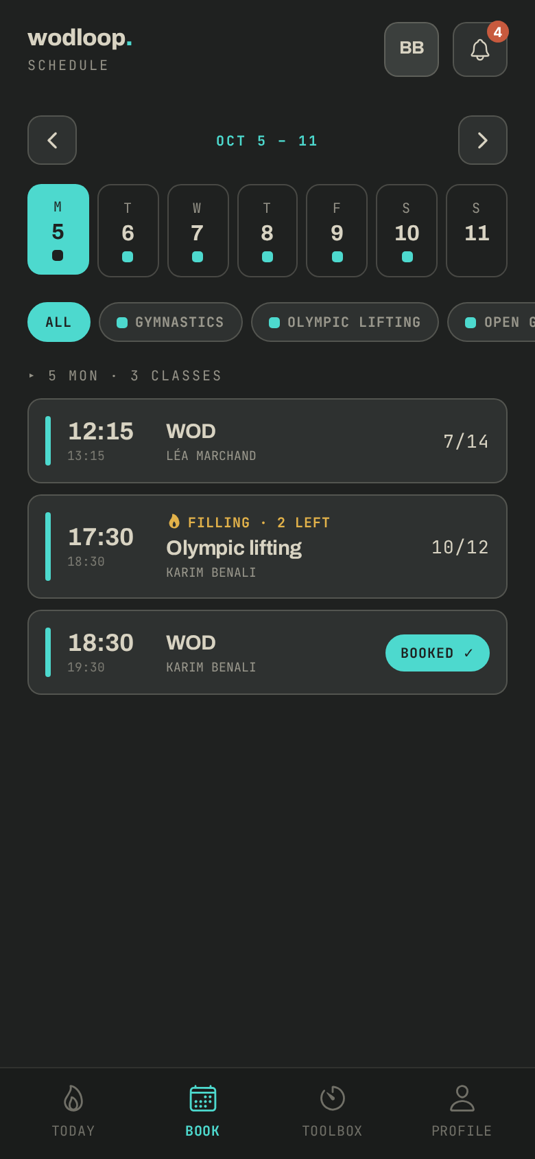 The Book tab: the week, then the day's classes