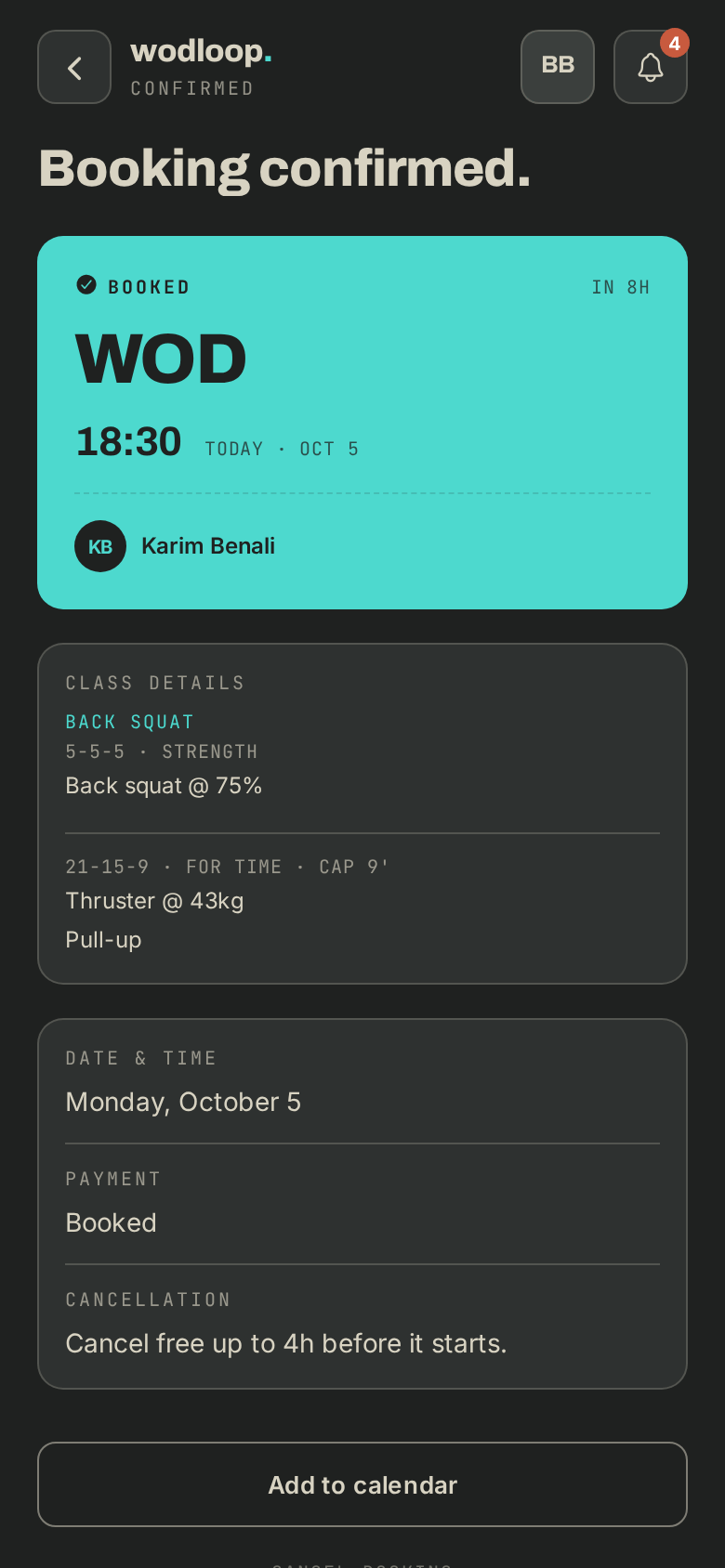 Your booking, with the free cancellation deadline
