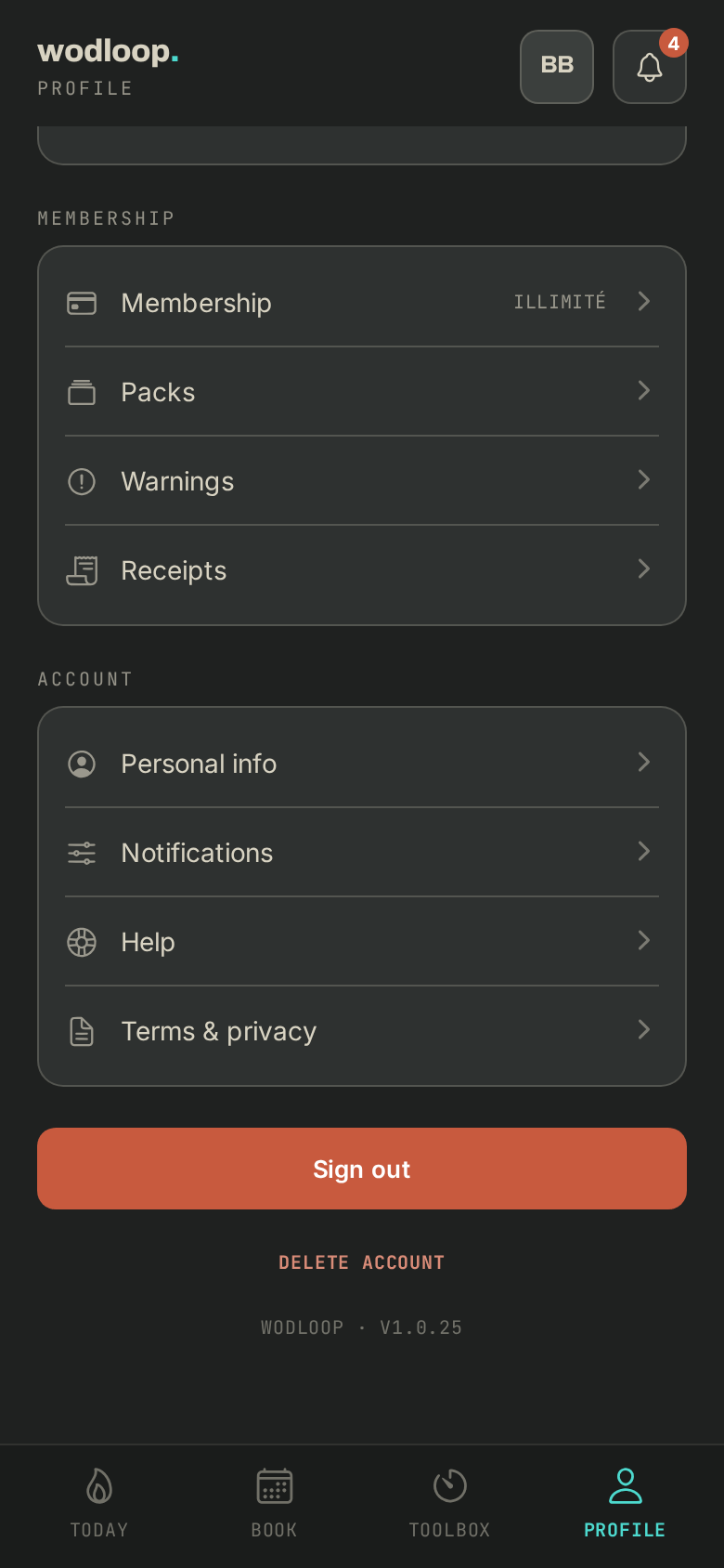 The bottom of the Profile tab, with Delete account