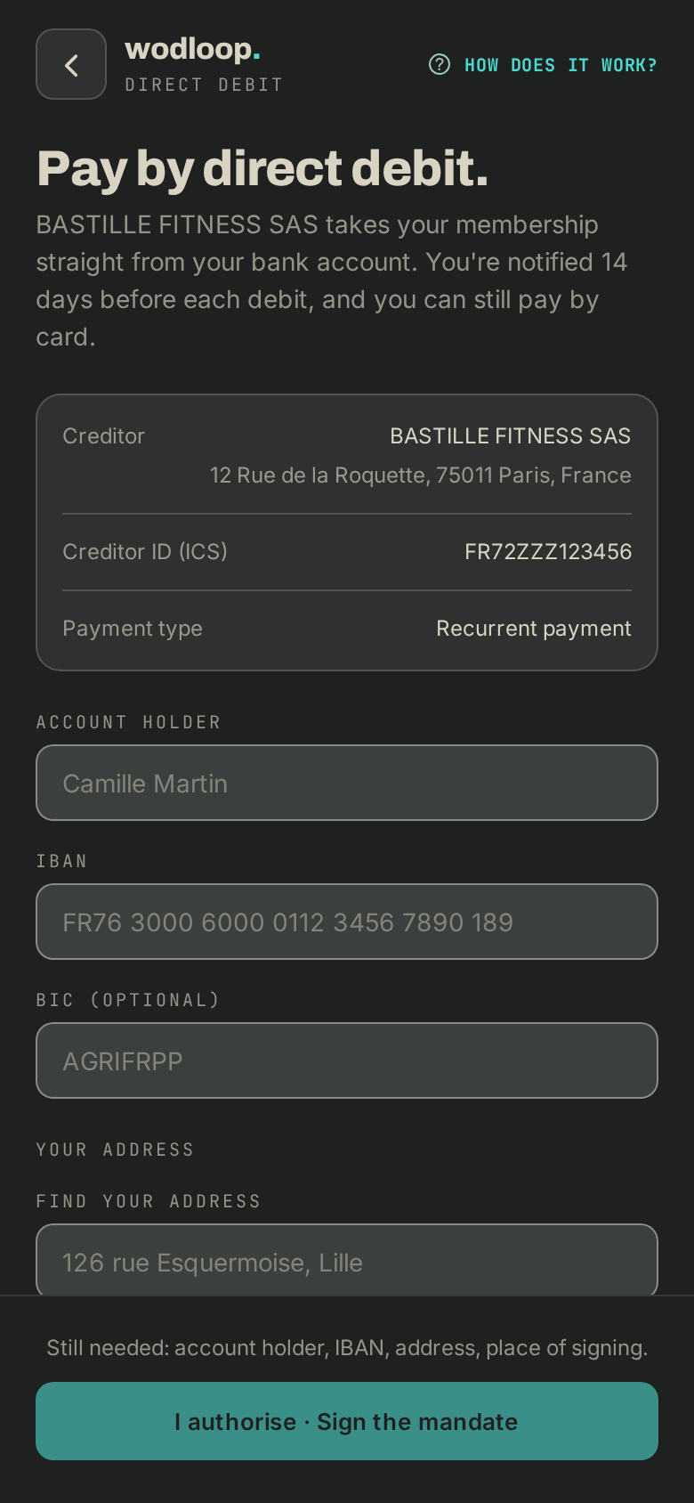 The direct debit mandate form: account holder, IBAN, your address
