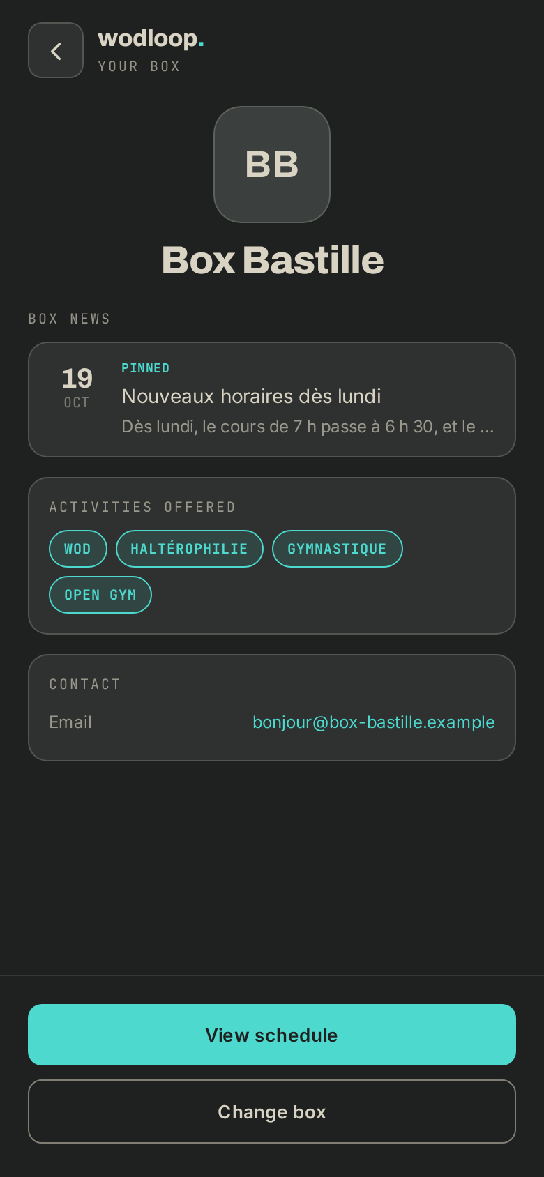 Your box's page, with its news