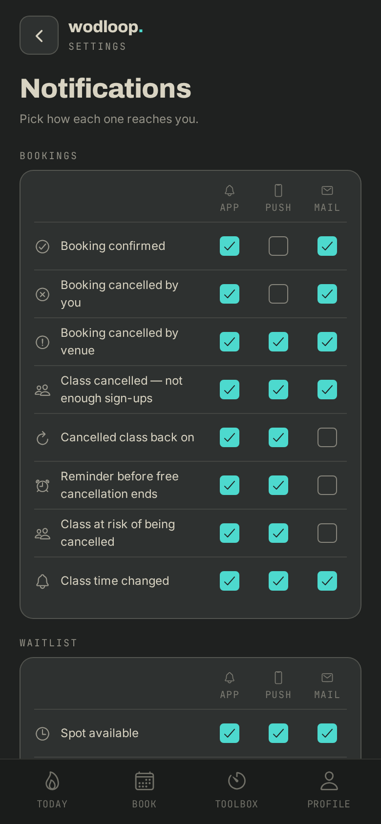 Each type of notification with its App, Push and Mail boxes