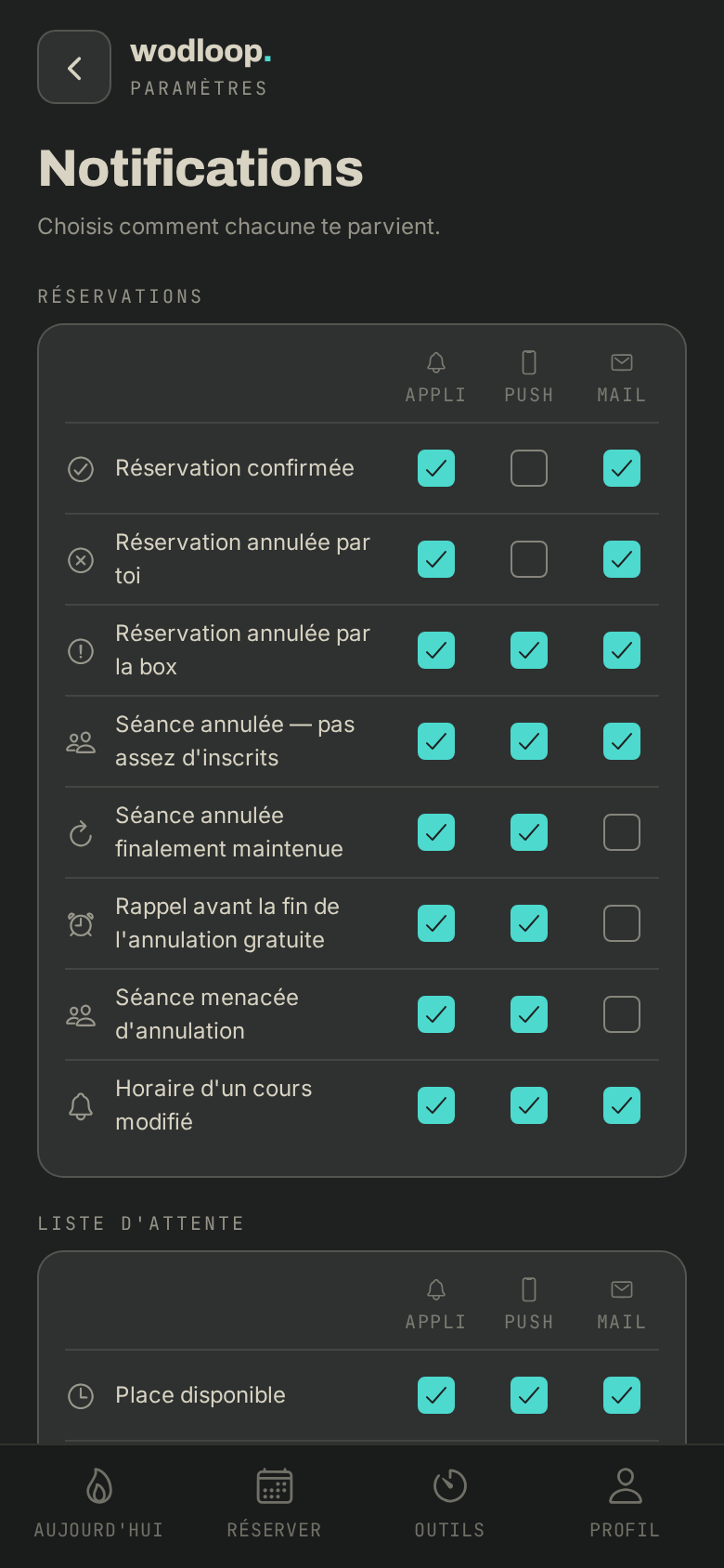 Chaque type de notification avec ses cases Appli, Push et Mail