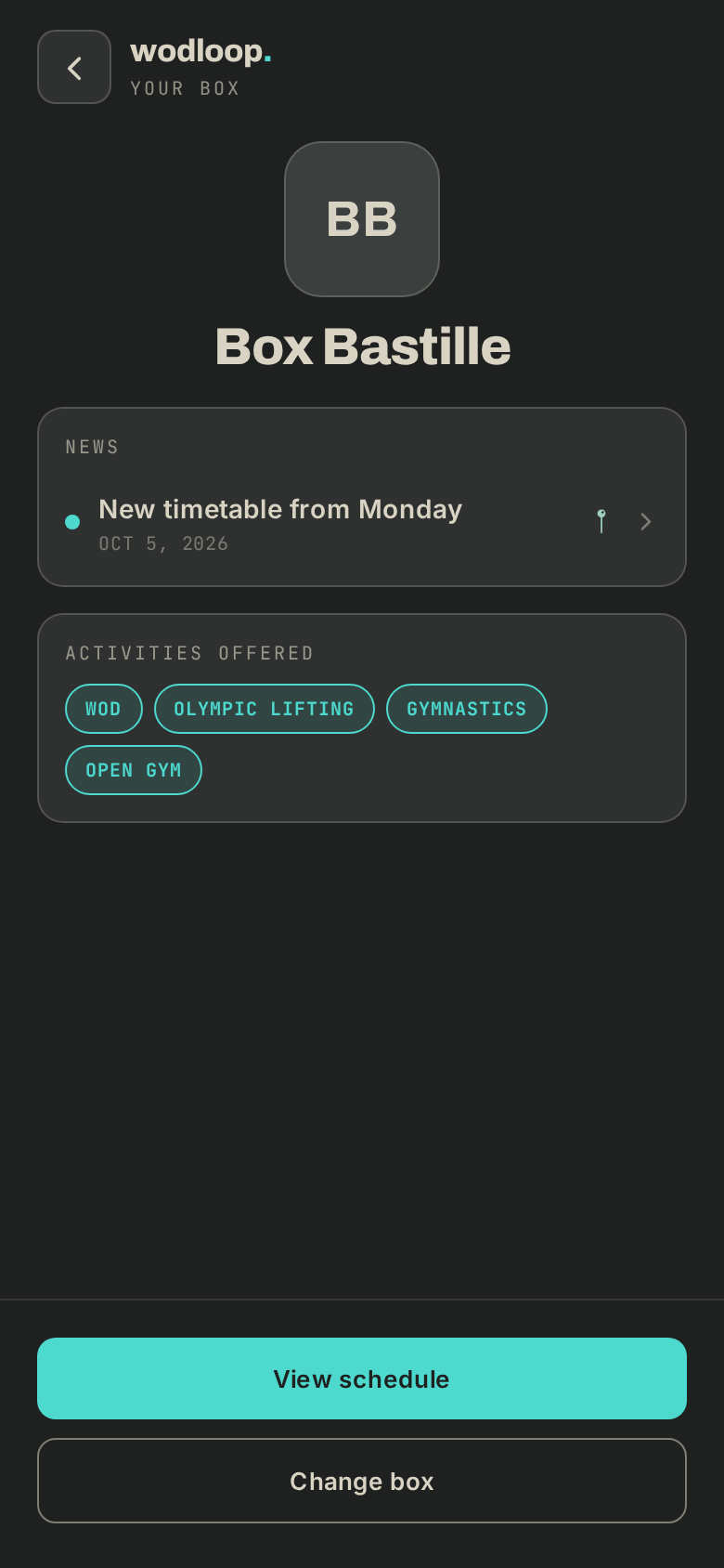 Your box's page, with Change box
