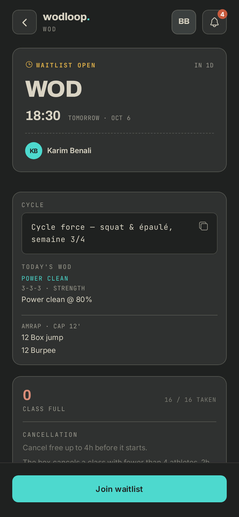 A class with the day's WOD