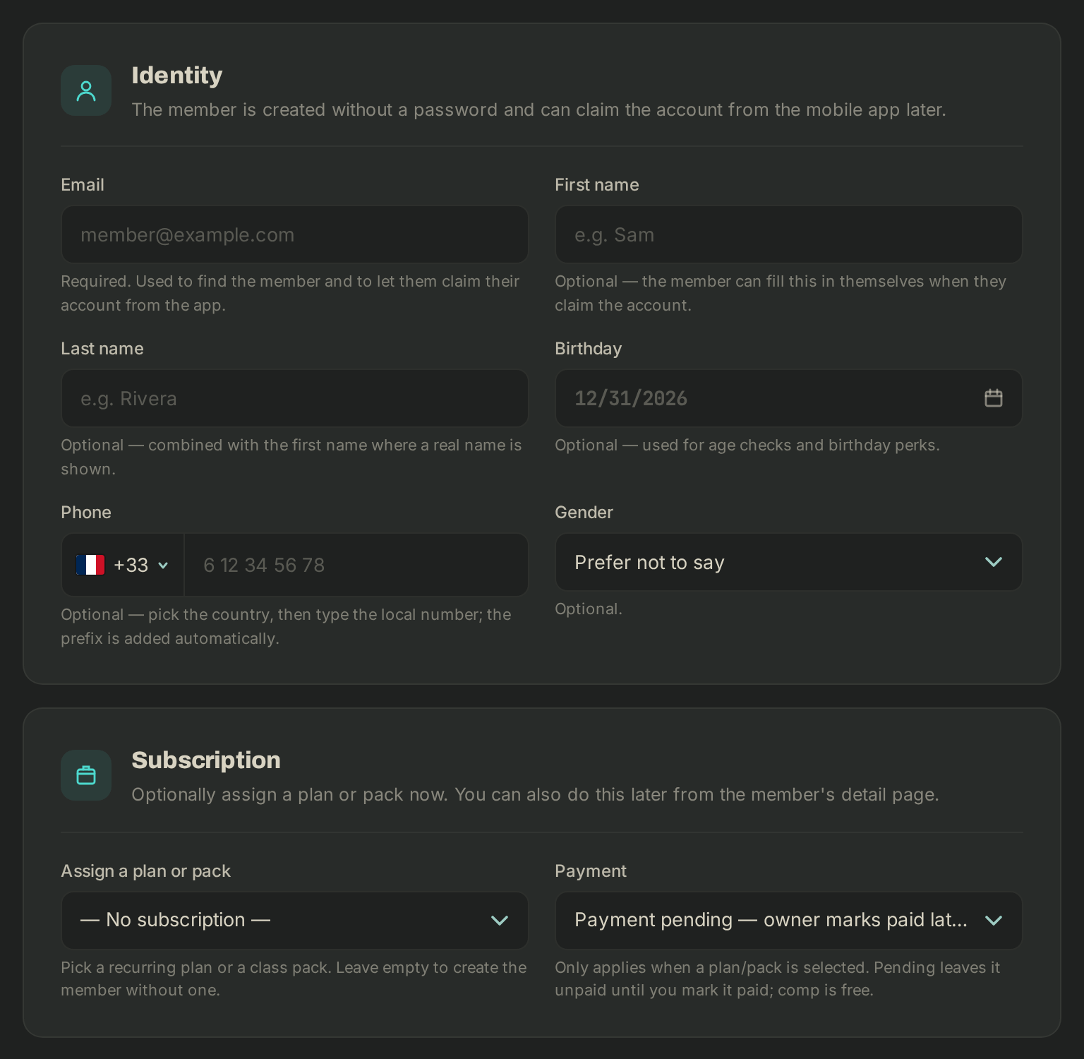 The New member form: identity, then subscription and payment