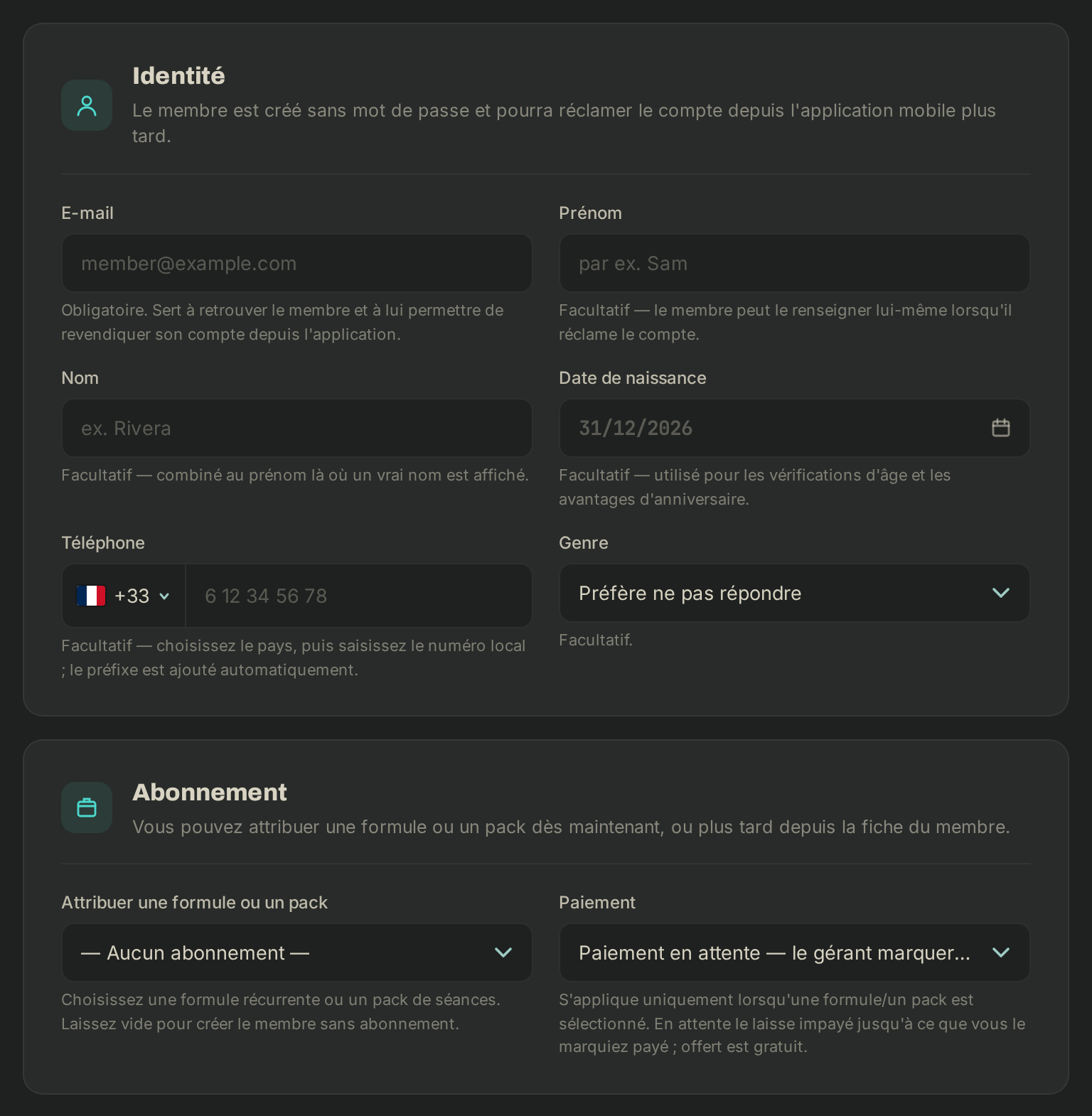 Le formulaire de création d'un membre : identité, puis abonnement et paiement
