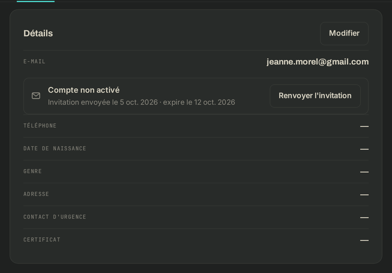 La fiche d'un membre, avec l'état de l'invitation sous son e-mail