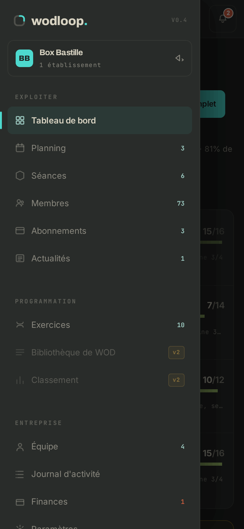Le back-office sur un téléphone, menu ouvert