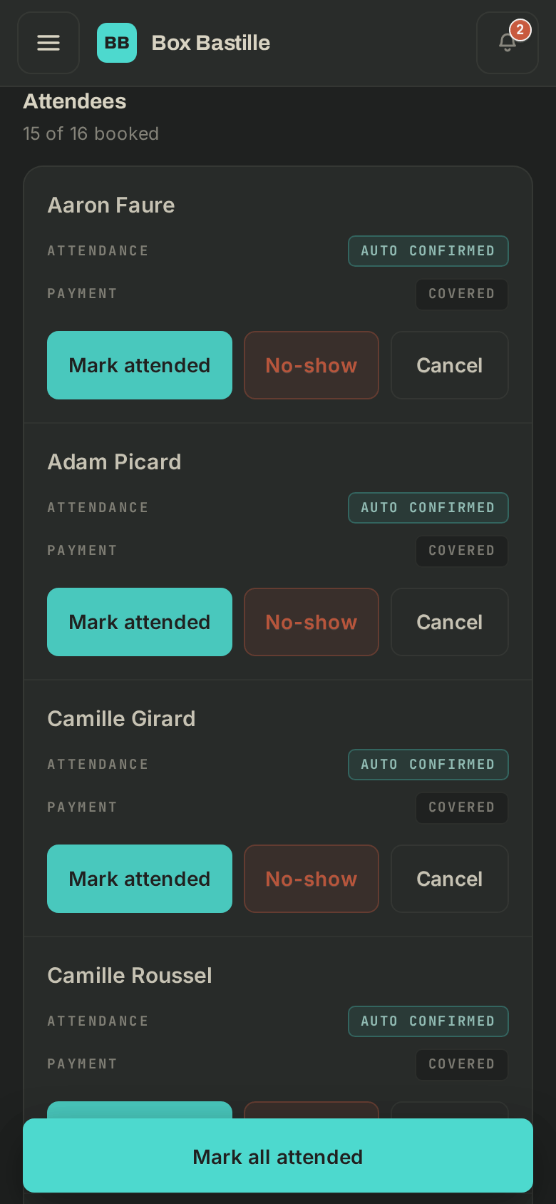 A class roster on a phone: attendance buttons per member, Mark all attended at the bottom