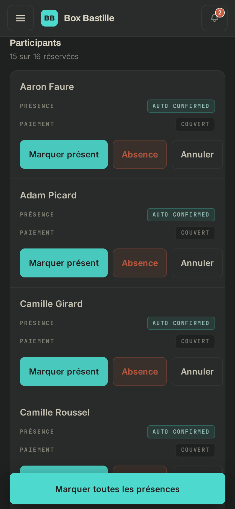 La liste d'une séance sur un téléphone : les boutons de présence par membre, tout marquer présent en bas