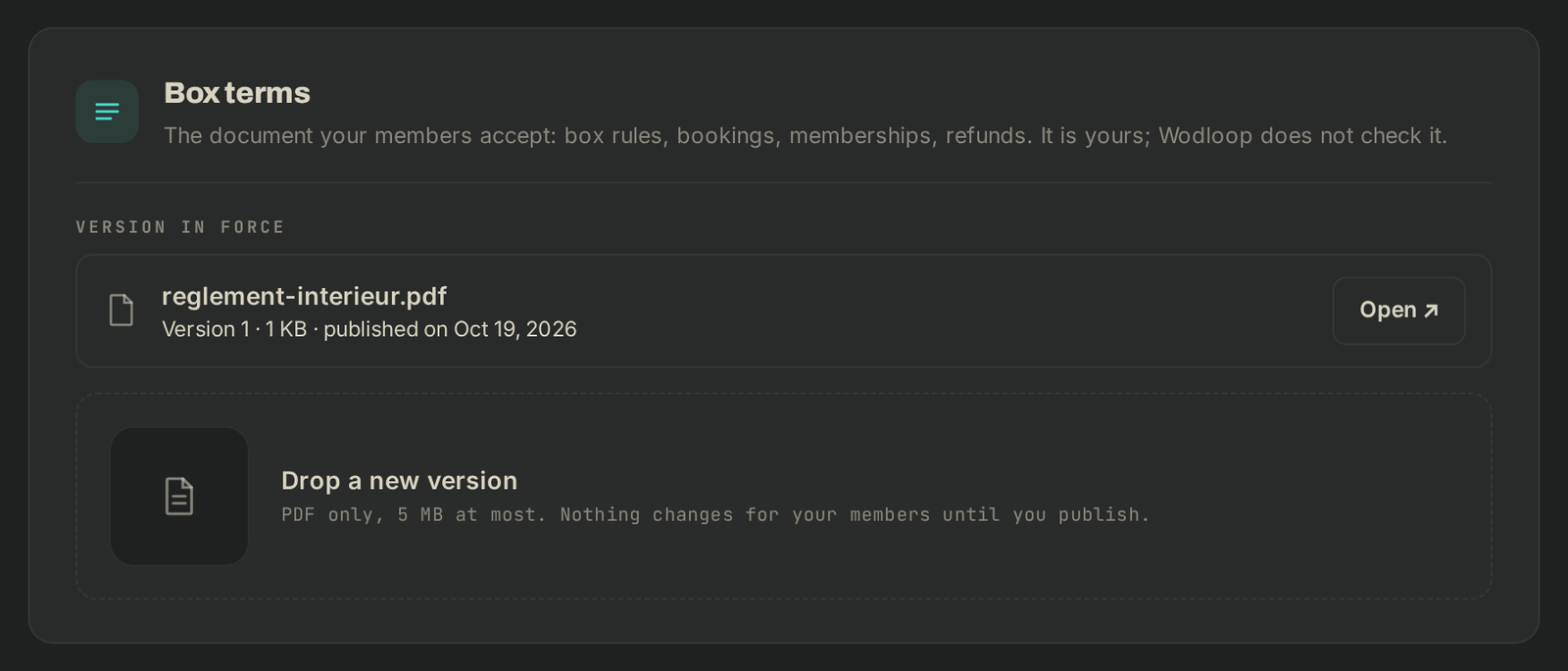 The Terms tab: the published version, and the drop zone for the next one
