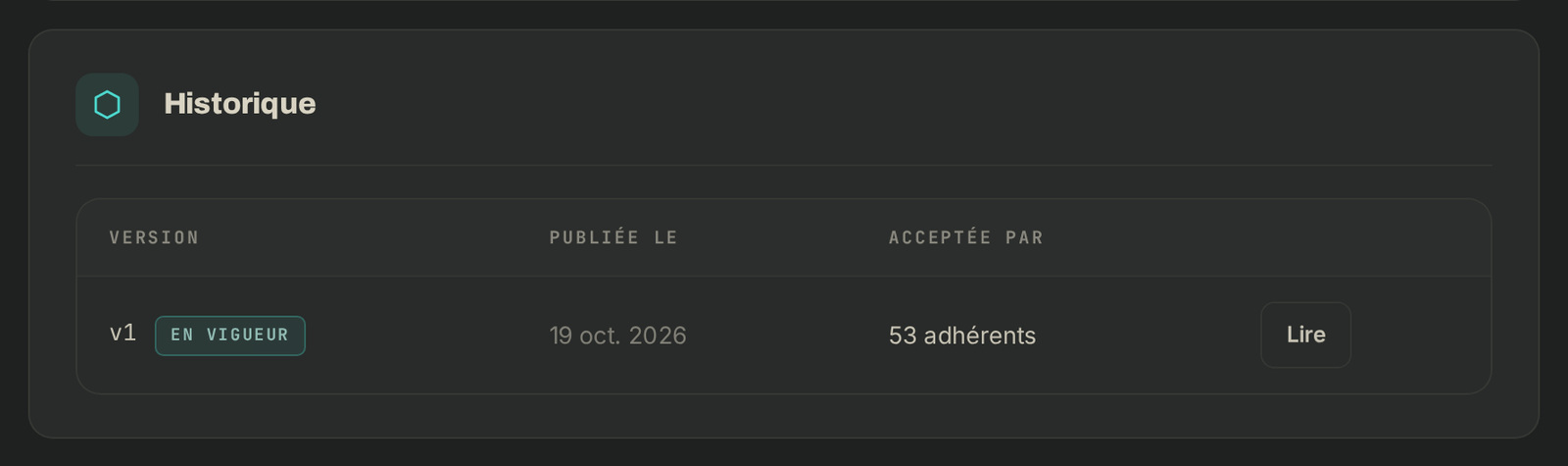 L'historique : chaque version, sa date et le nombre d'acceptations