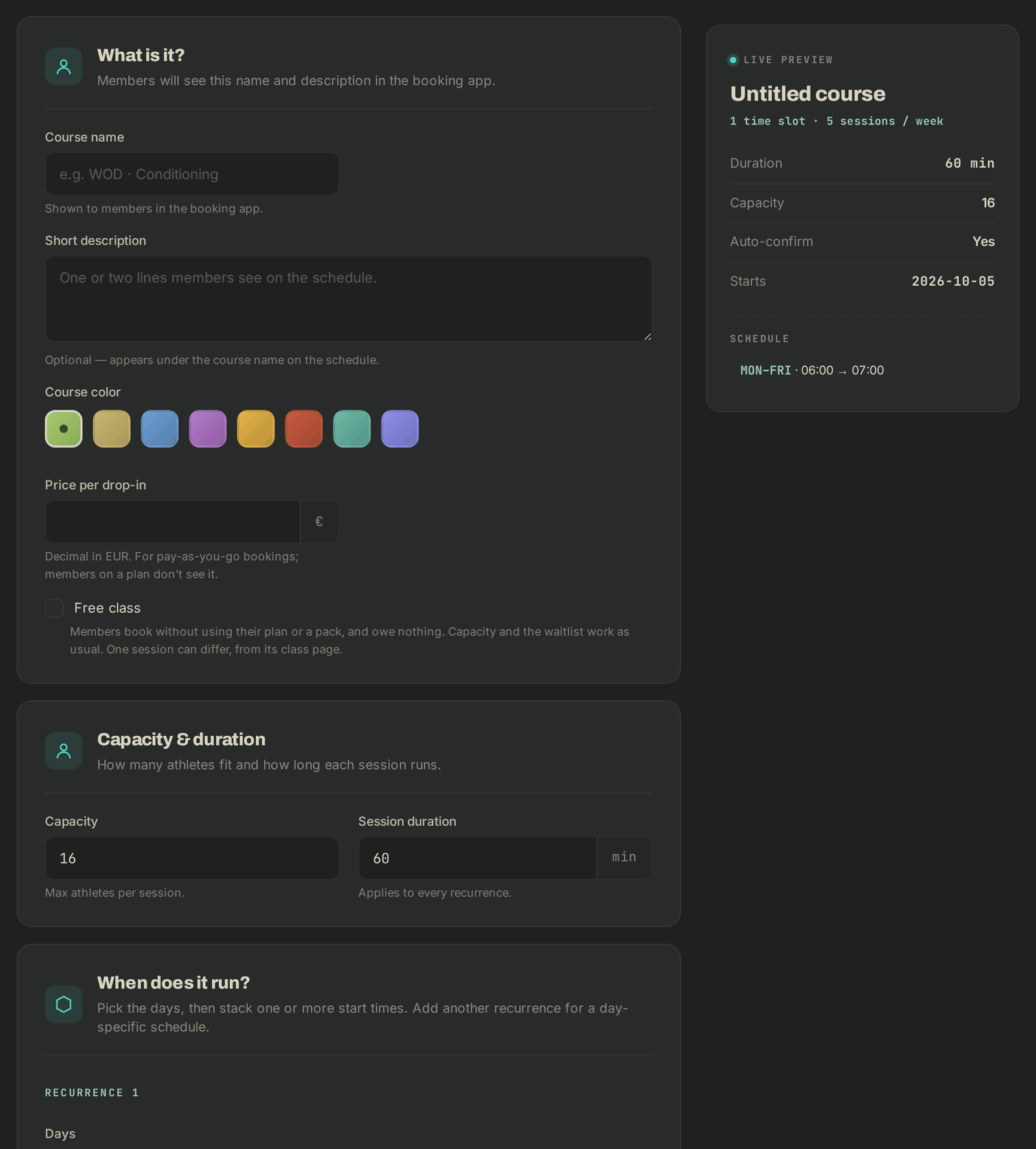 The New course form: name, colour, drop-in price, capacity and duration, with the live preview