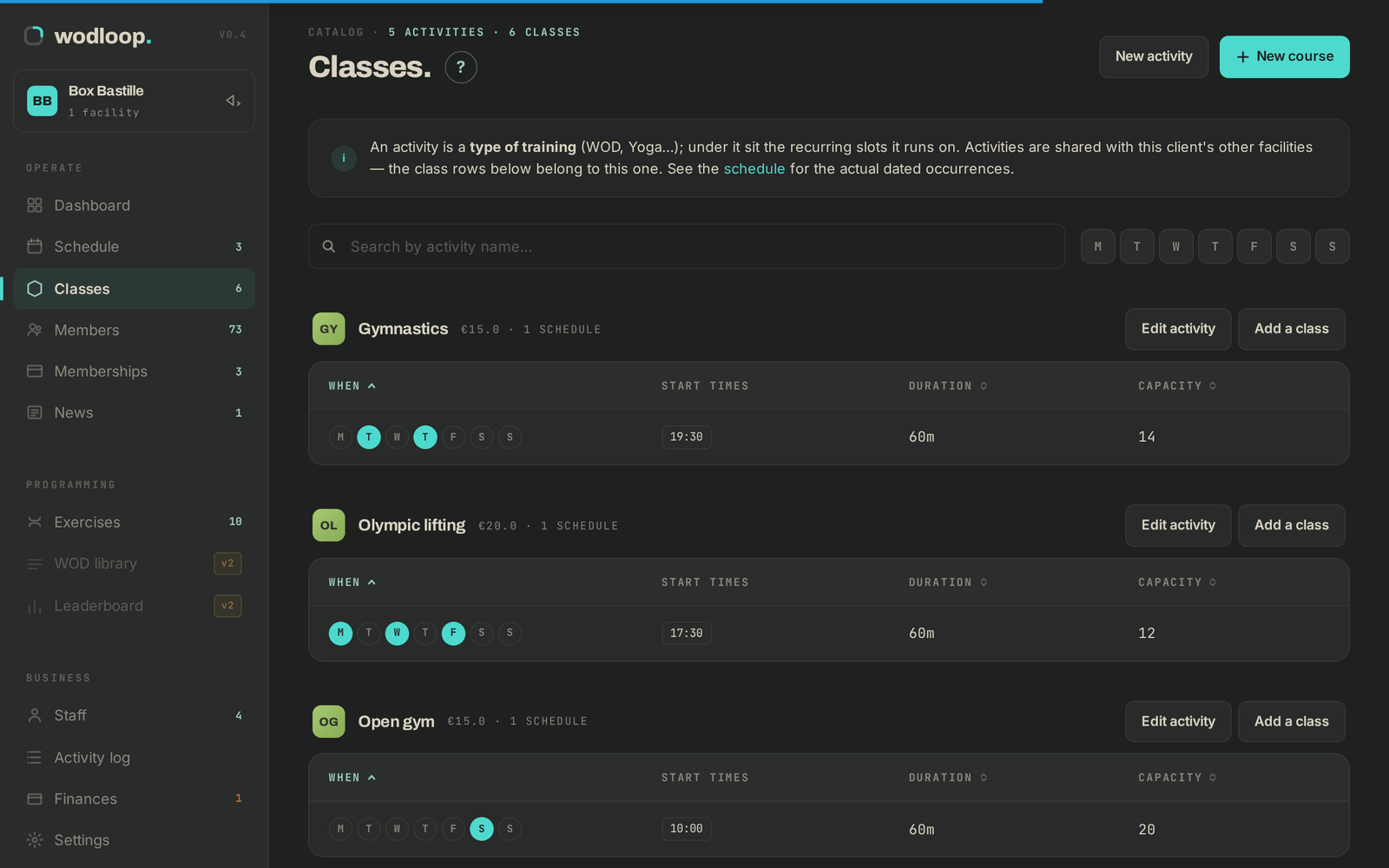 Classes: each activity with its time slots, and its Add a class and Edit activity buttons