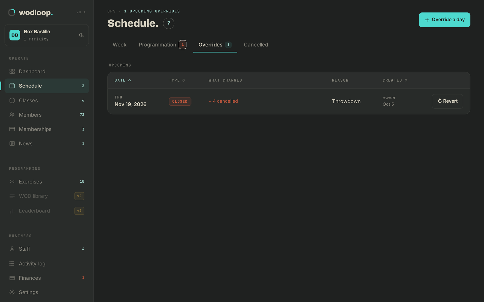 The Overrides tab: an overridden day with its Revert button