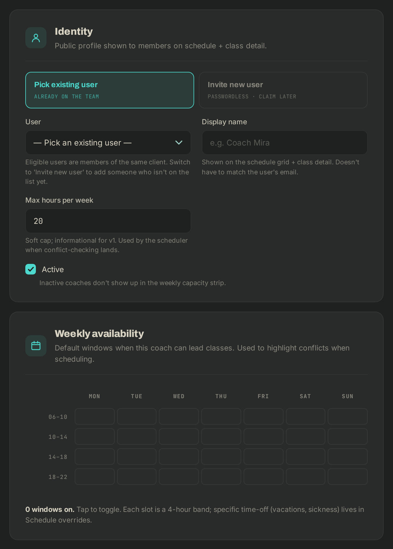 Inviting a coach: existing user or new one, display name, weekly hours and availability