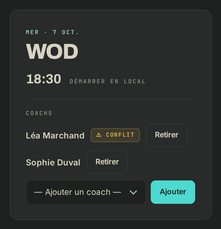 Les coachs d'une séance : l'un signalé en conflit, le menu pour en ajouter un autre