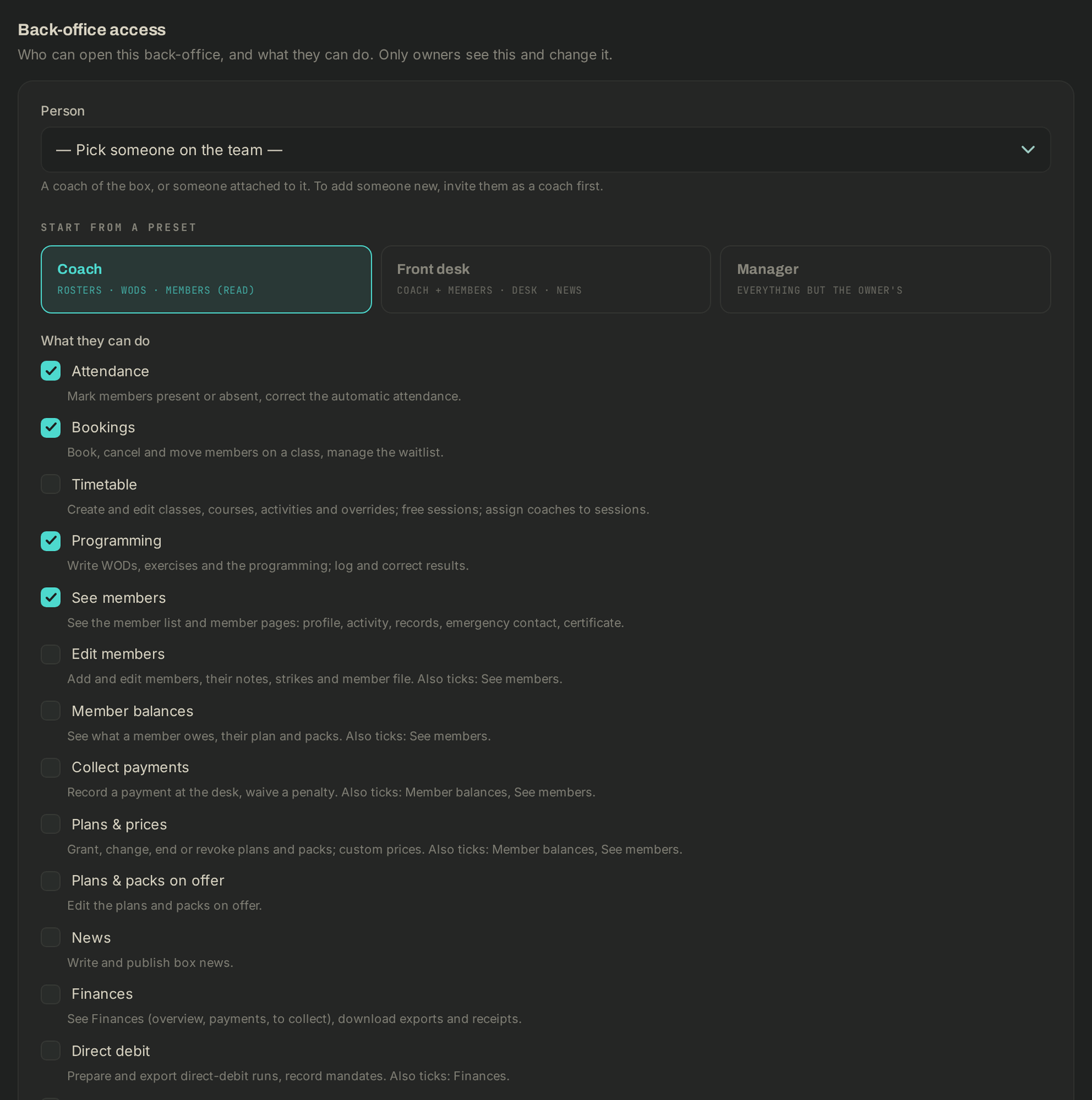 Back-office access on the Staff page, with the form to give someone access