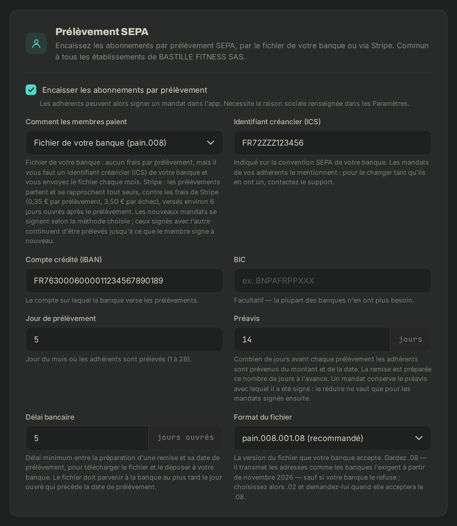 Les réglages du prélèvement : mode de paiement des membres, identifiant créancier, compte crédité et jour de prélèvement