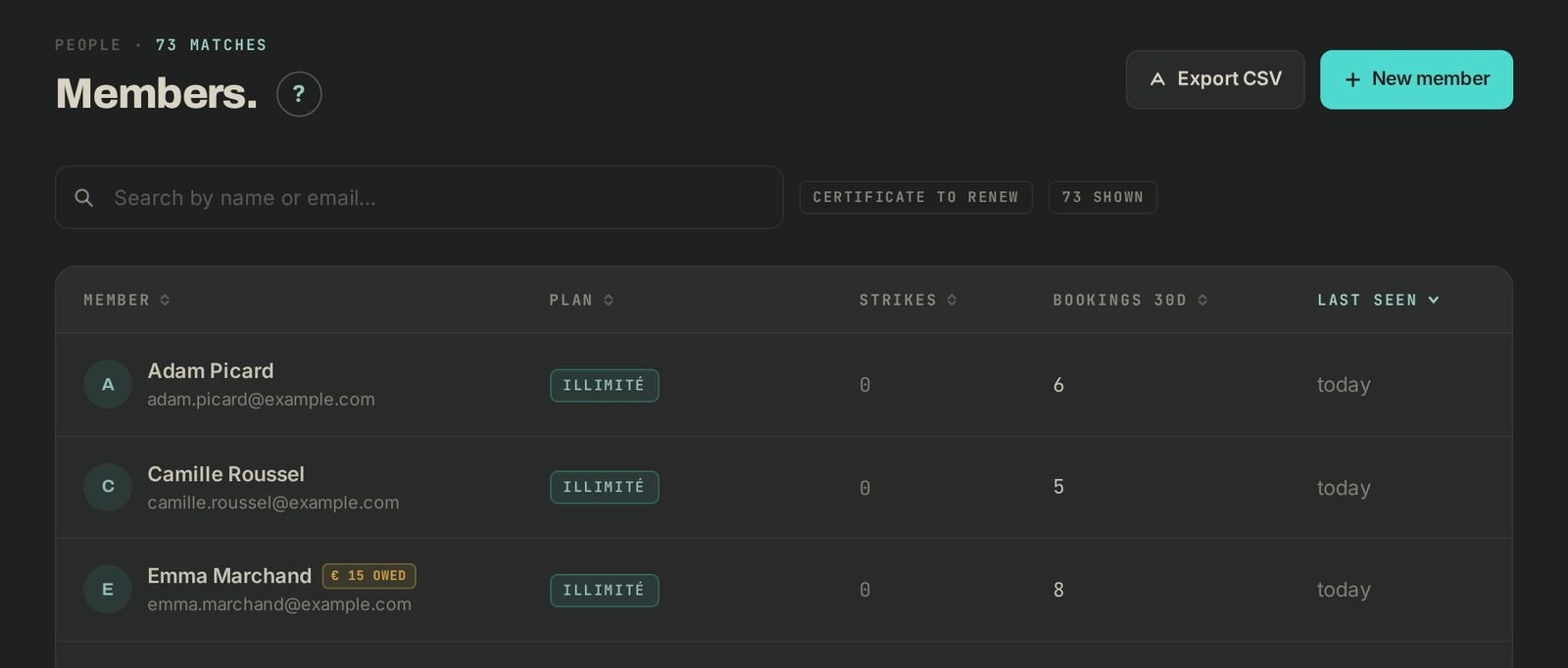 The Members page, with Export CSV at the top right