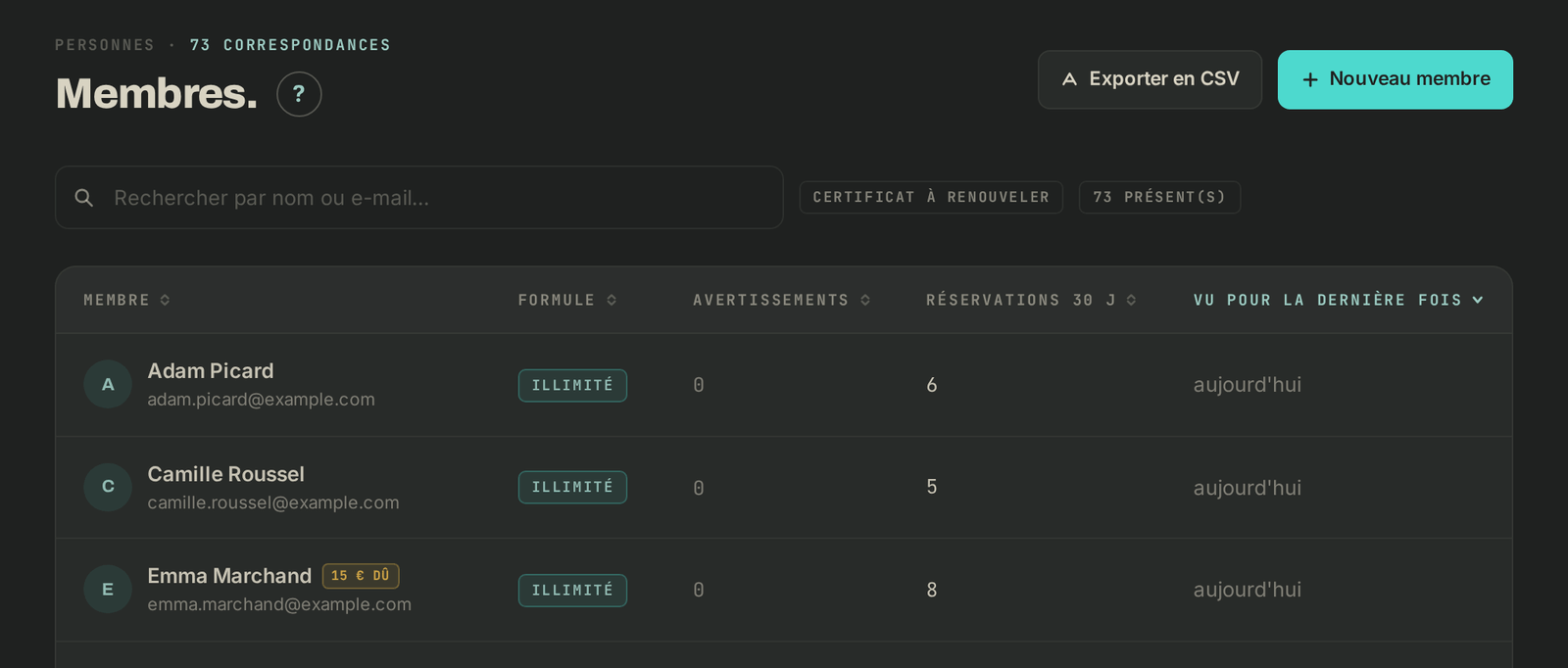 La page Membres, avec l'export CSV en haut à droite