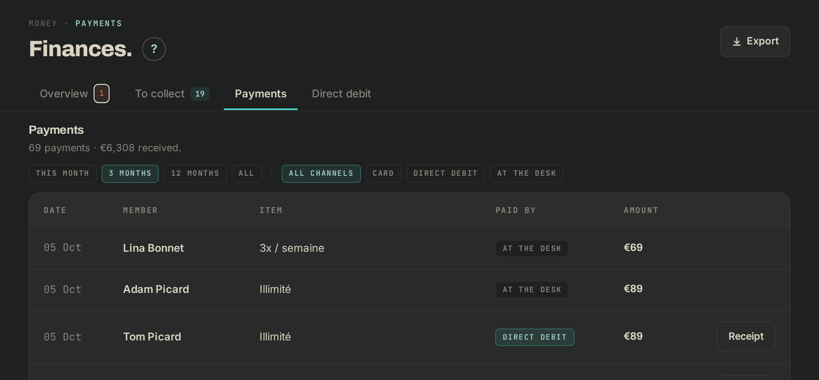 Finances, Payments tab, with Export at the top right