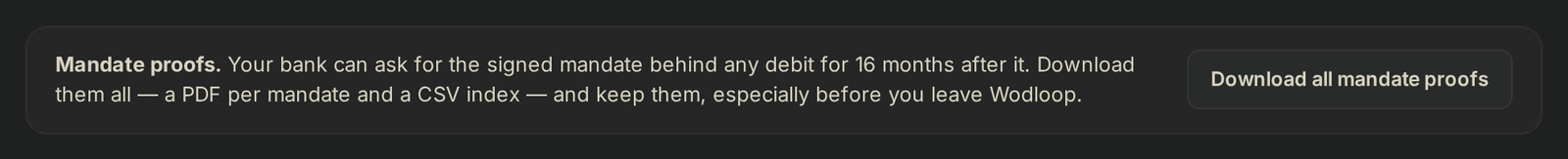 The mandate proofs block on the Direct debit tab