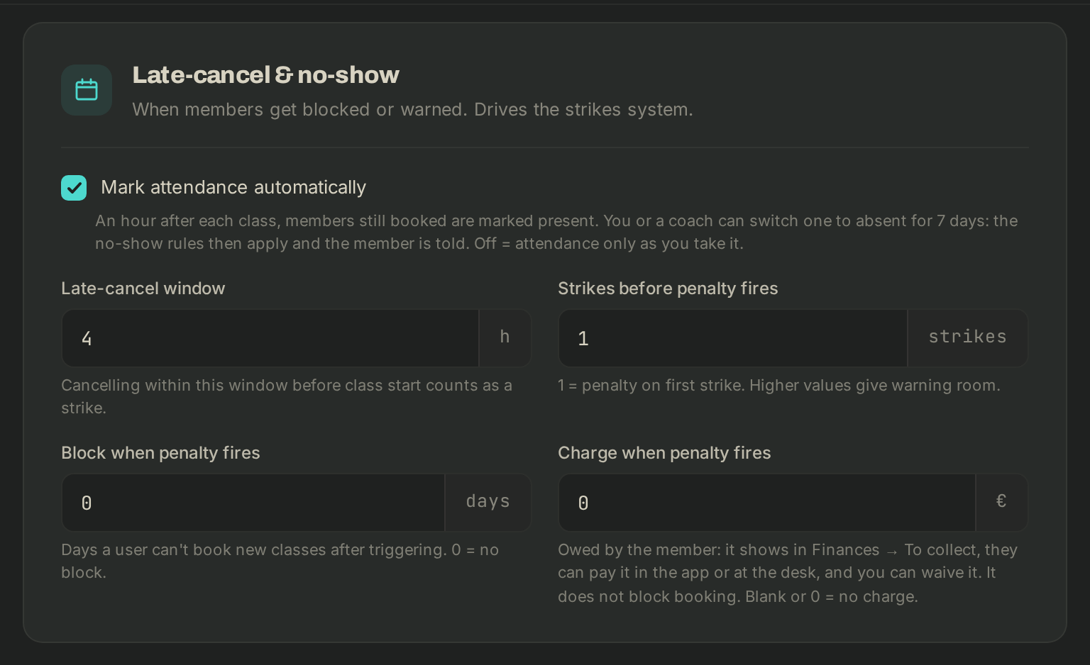 Late-cancel and no-show rules on the Booking rules tab