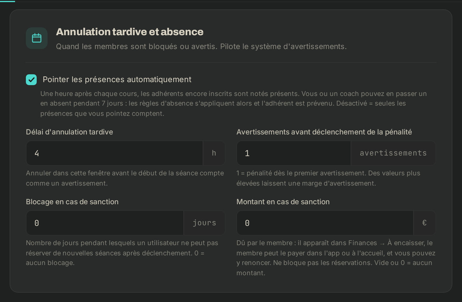 Les règles d'annulation tardive et d'absence dans l'onglet des règles de réservation