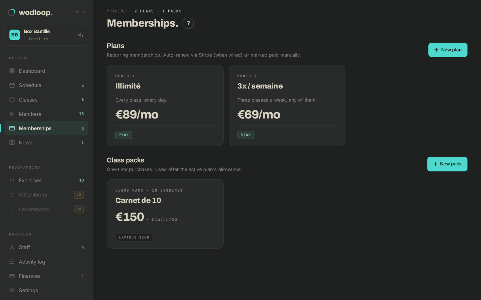 Memberships: your plans, then your class packs