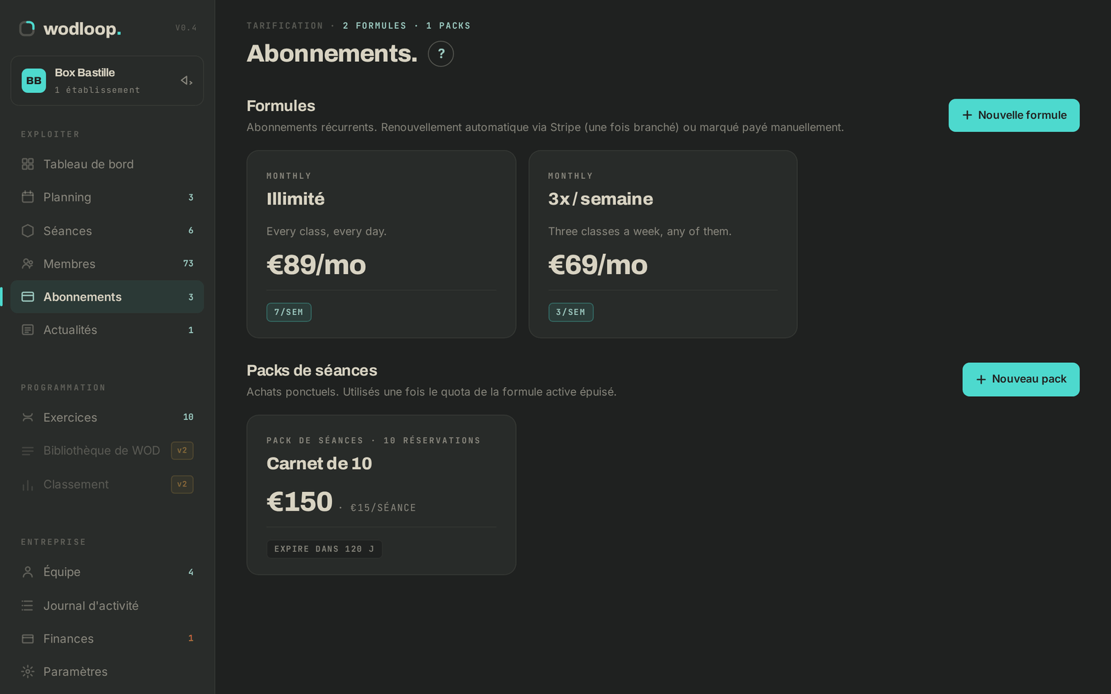 Abonnements : vos formules, puis vos packs de séances