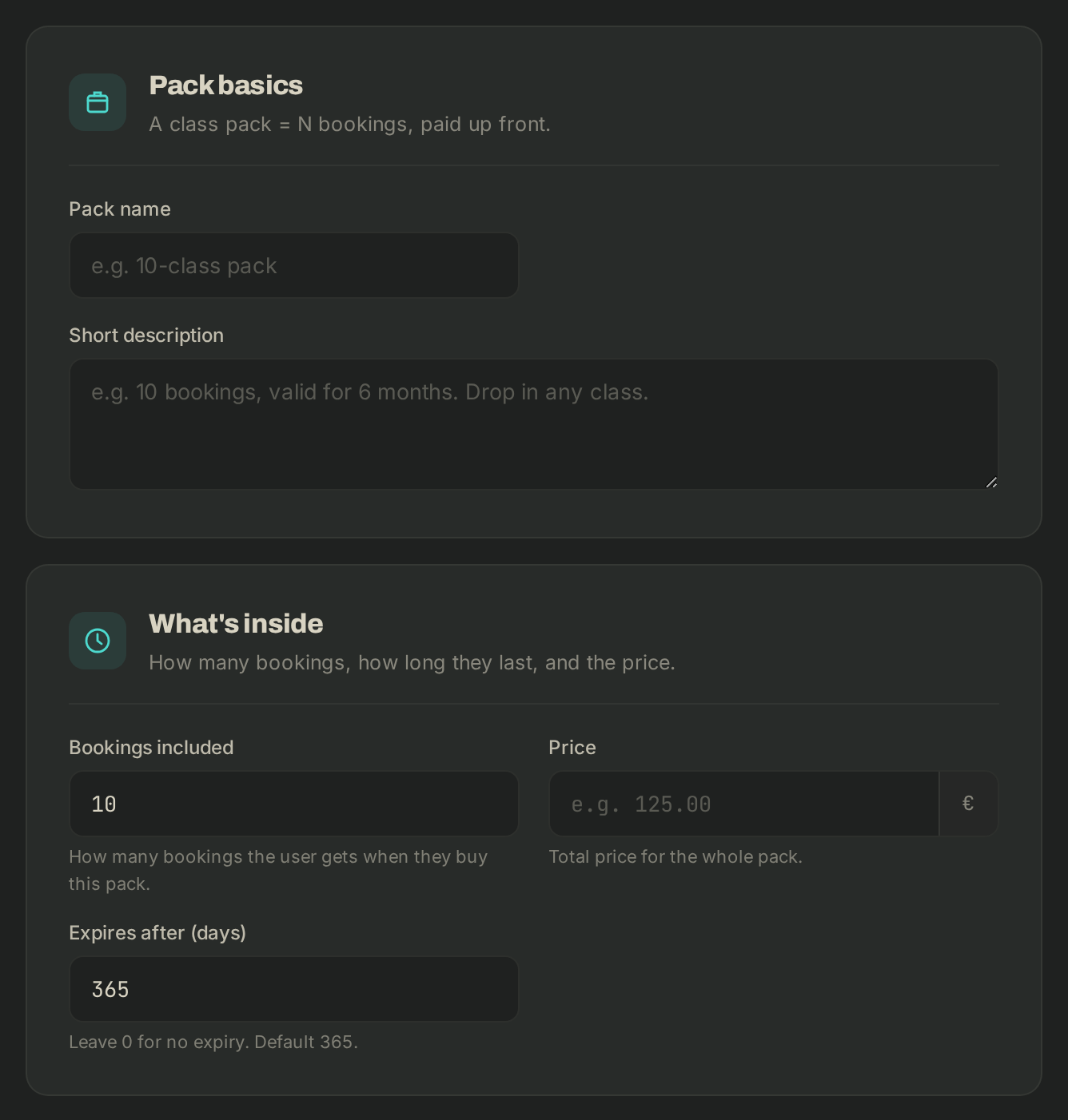 A new pack: name, bookings included, price and expiry