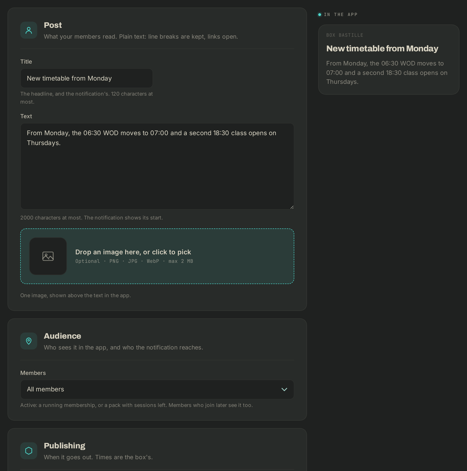Writing a news post, with the preview of what members see in the app