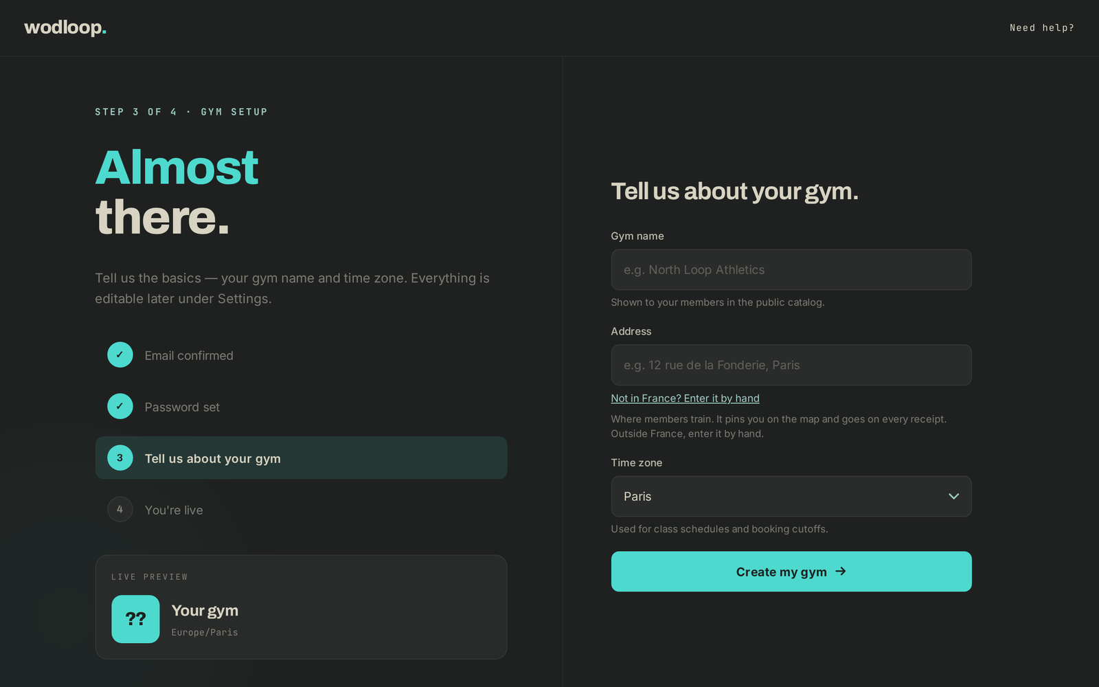 Creating your box: gym name, address and time zone