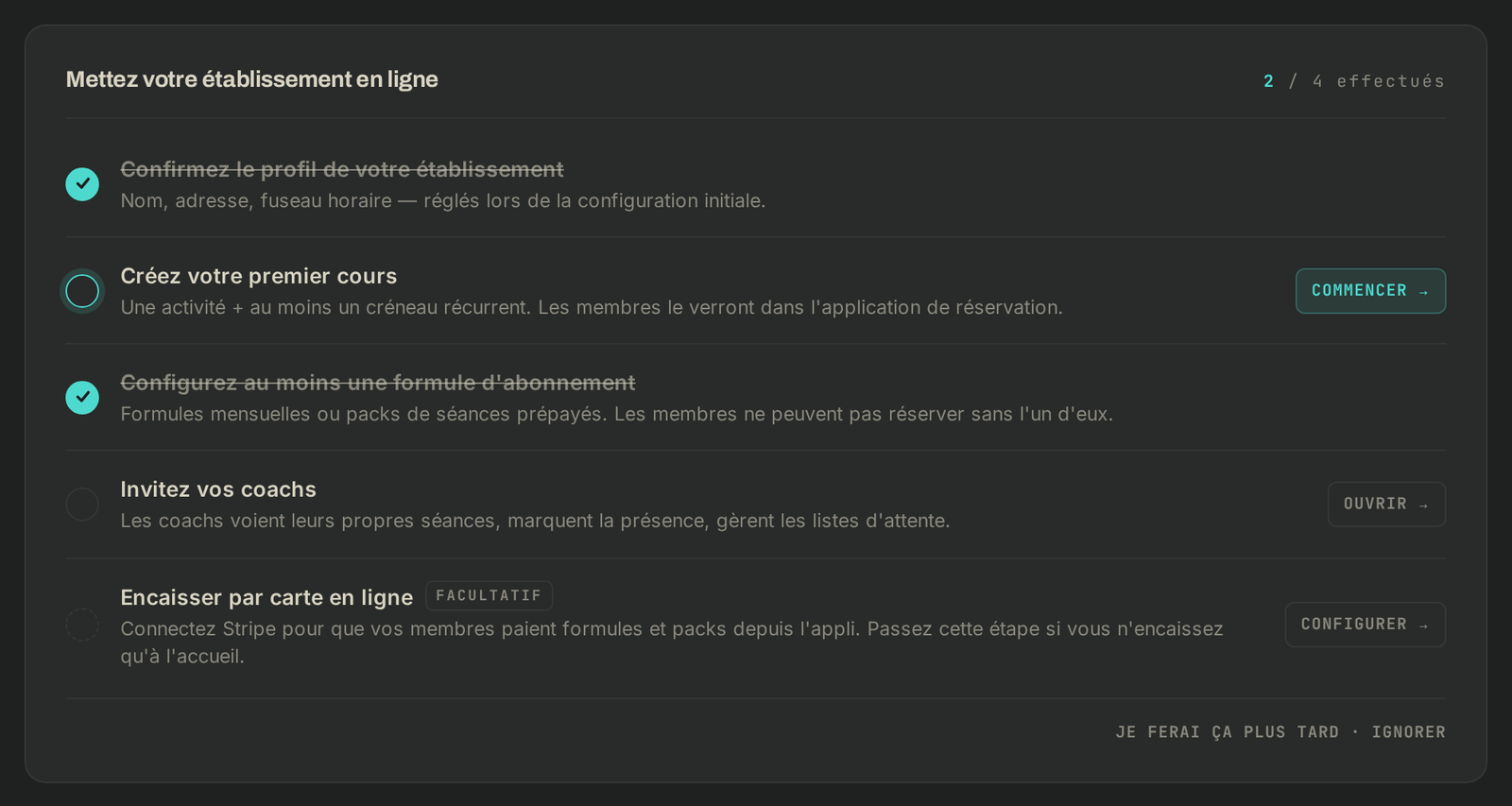 La liste des étapes de mise en ligne sur le tableau de bord, deux étapes faites