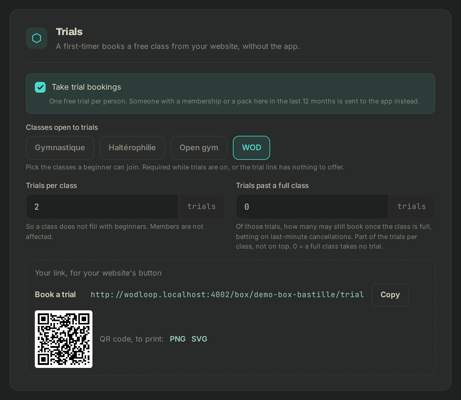 The Trials block of the booking rules, with your link and its QR code