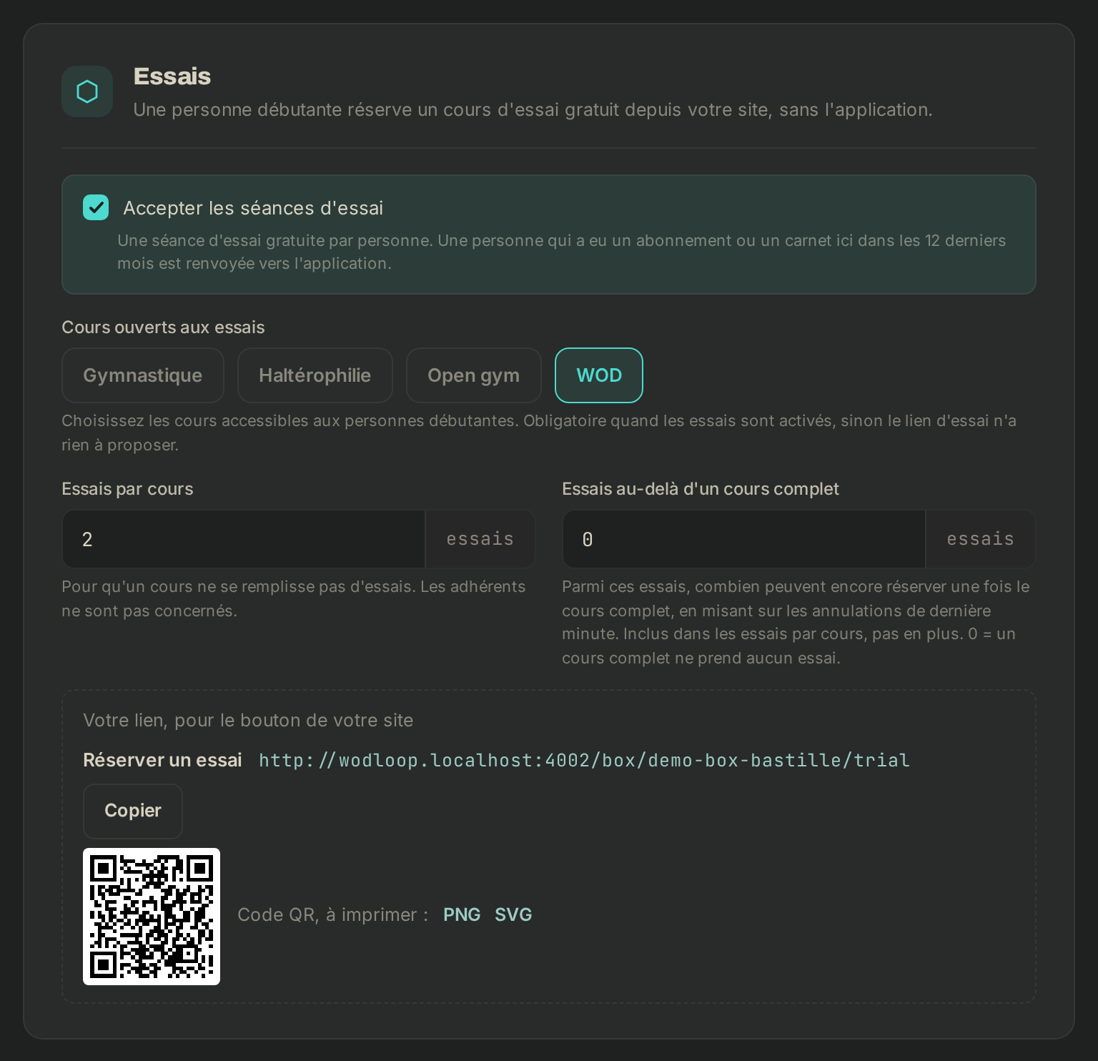 Le bloc Essais des règles de réservation, avec votre lien et son QR code