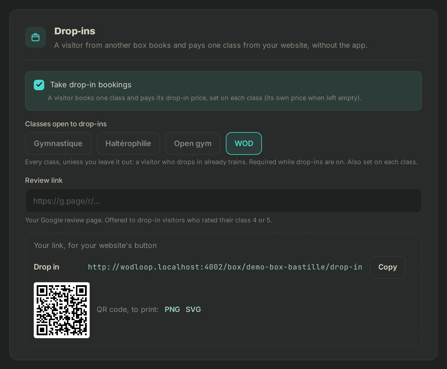 The Drop-ins block, with the open classes and the review link