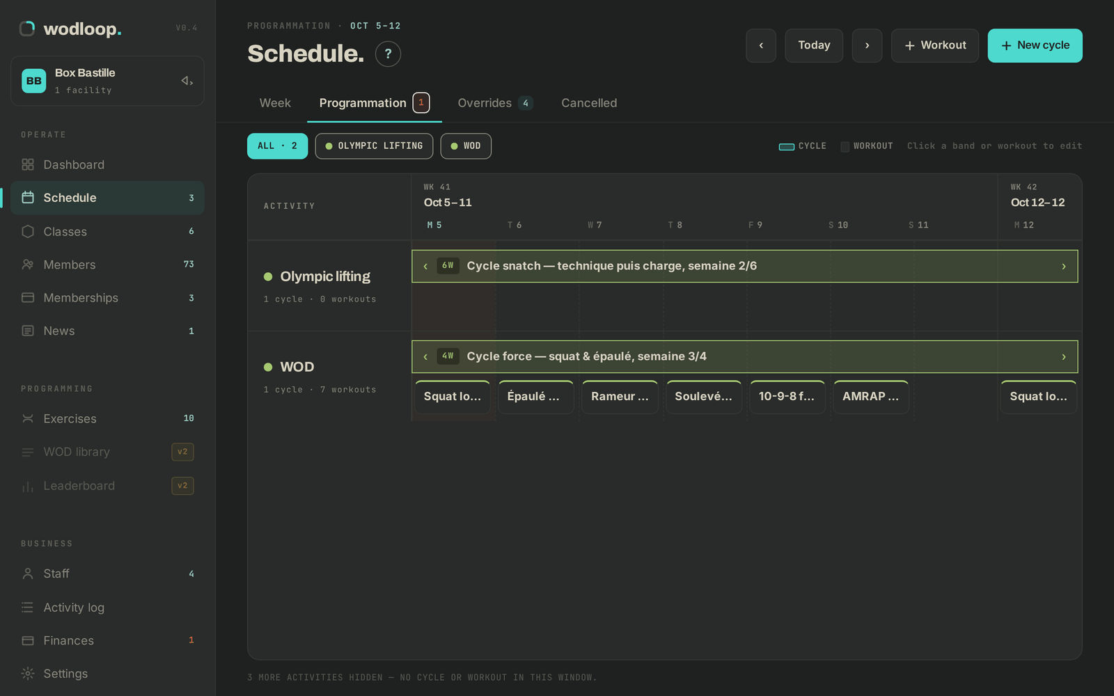 The Programmation timeline: cycles as bands, day notes as workouts