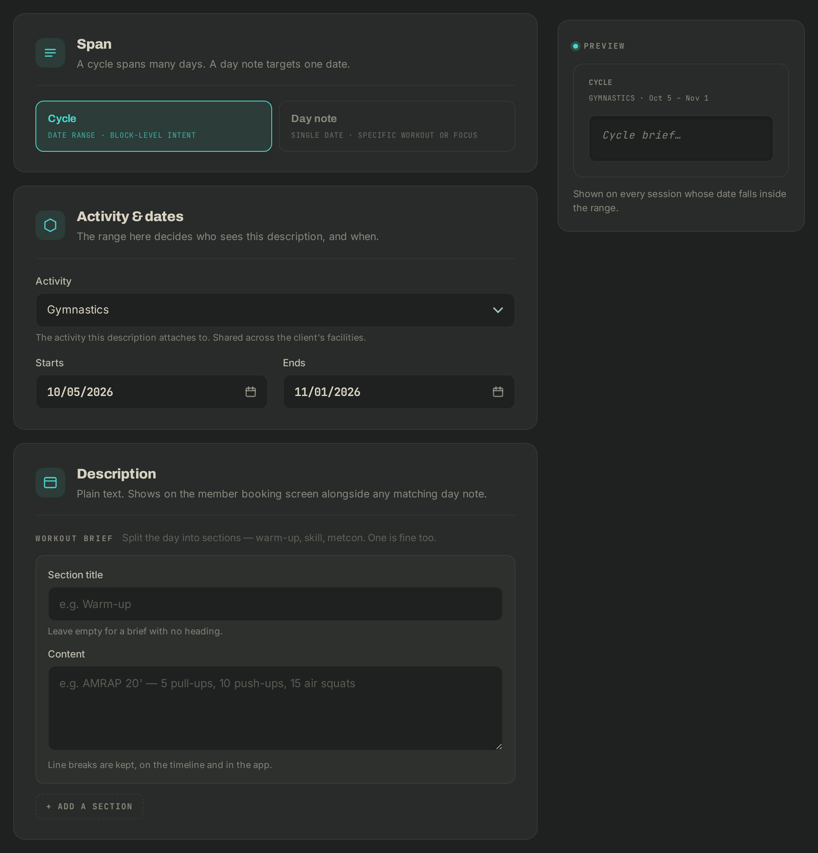 The programming form: cycle or day note, activity and dates, the workout's sections