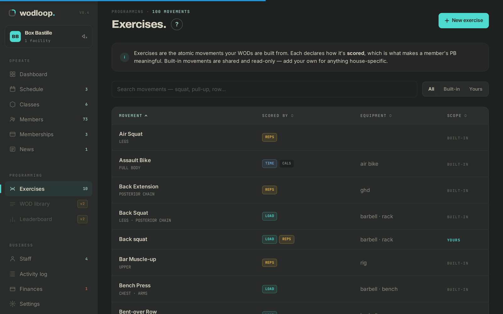The exercise library, built-in movements and your own