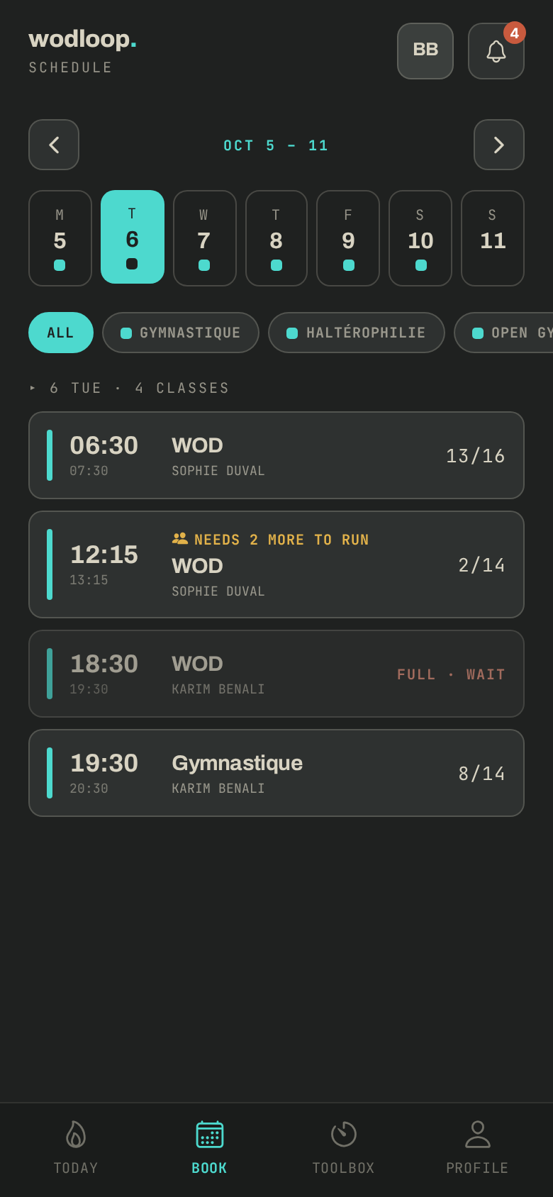 The app's schedule for a day: places left, one class full, one at risk