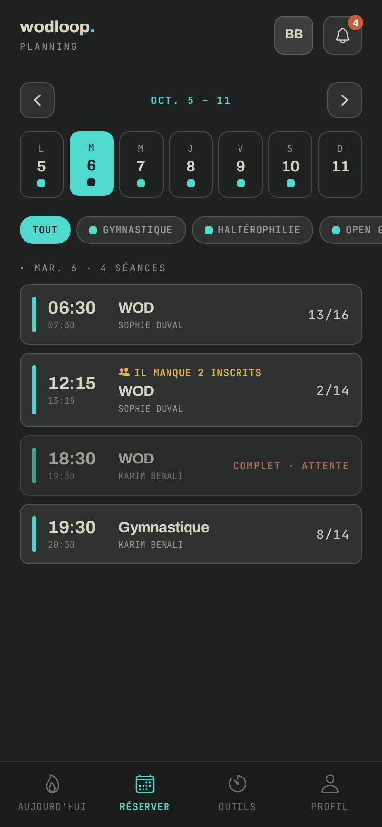 Le planning d'une journée dans l'app : places restantes, une séance complète, une à risque