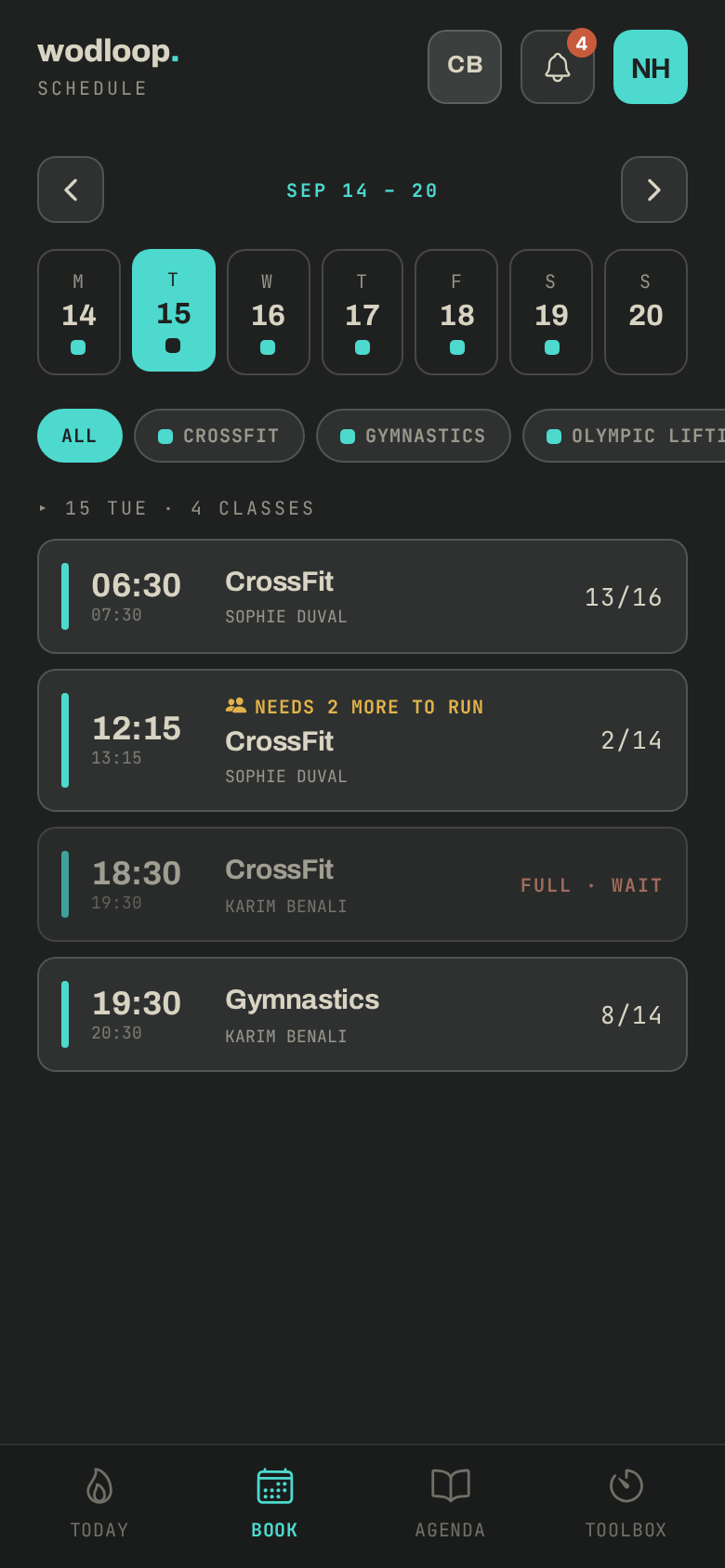 The app's schedule for a day: places left, one class full, one at risk